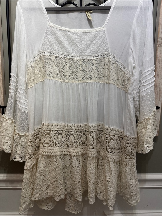 MARILU’ Tops - Ivory Crochet Lace Boho Tunic L